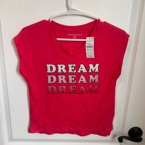 American Eagle Kids Pink Dream Graphic‎ V-Neck Cap Sleeve T-Shirt Size 14 NWT